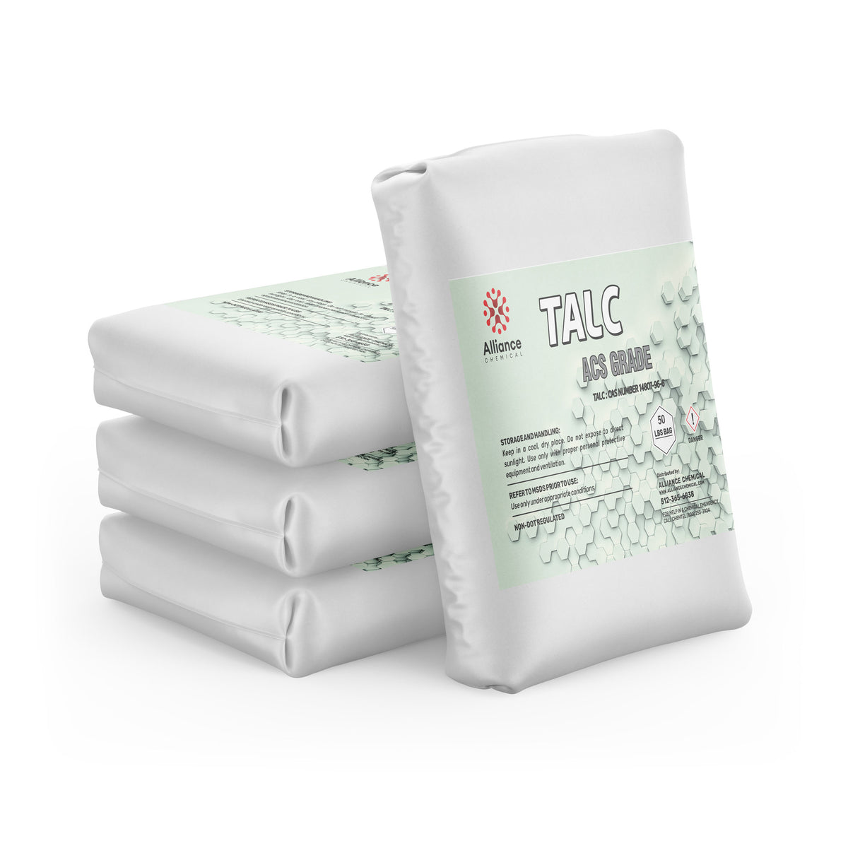Four 50 Lbs bags of Alliance Chemical Talc Powder ACS Grade with labels.