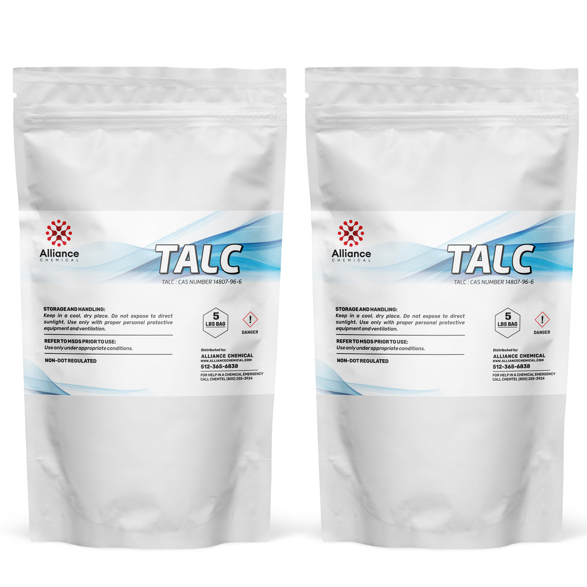 Two 5-lbs bags of Alliance Chemical Talc Powder - White Colored with labels and zip closures.