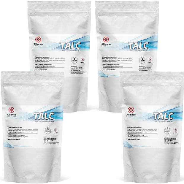 Four 5-lbs bags of Alliance Chemical Talc Powder - White Colored with sealed tops and printed labels.