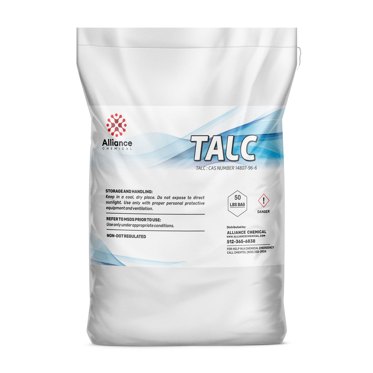 One 50-lbs bag of Alliance Chemical Talc Powder - White Colored with a sealed top and product label.