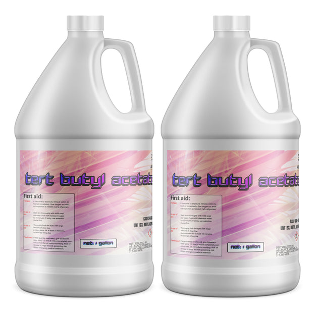 Two 1-gallon HDPE jugs of Alliance Chemical Tert Butyl Acetate with white screw caps, handles, and product labels