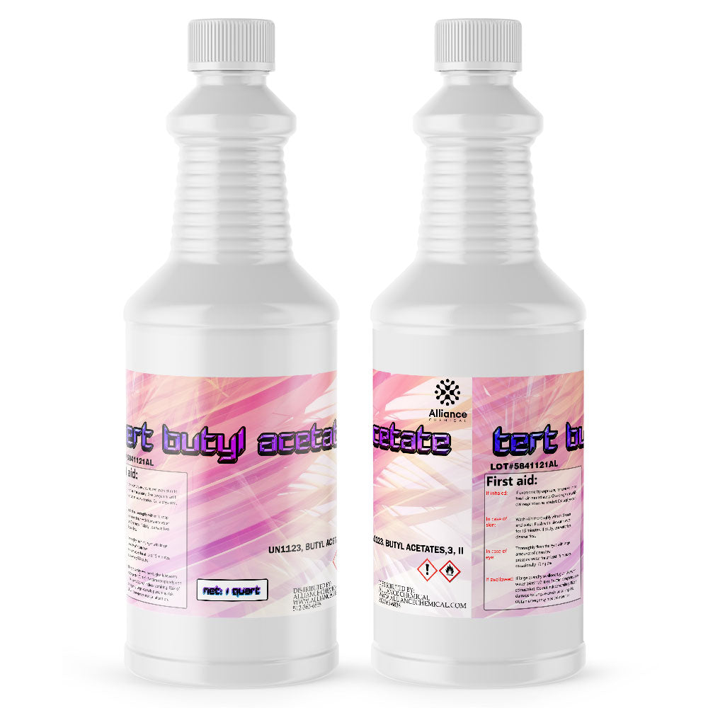 2-quart tert-butyl acetate (TBA) solvent in ribbed HDPE bottles with Alliance Chemical branding, first aid instructions