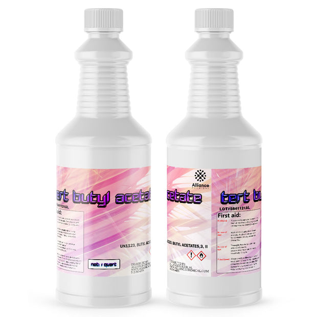 2-quart tert-butyl acetate (TBA) solvent in ribbed HDPE bottles with Alliance Chemical branding, first aid instructions