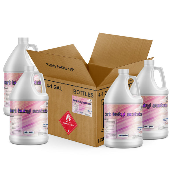 Four 1-gallon HDPE jugs of Alliance Chemical Tert Butyl Acetate with white screw caps, handles, and product labels, plus a...