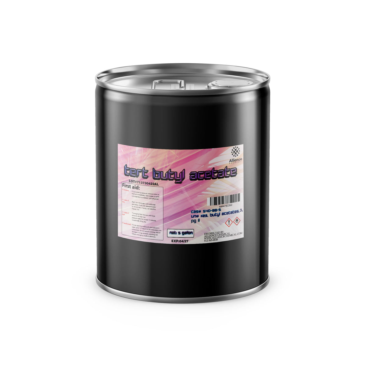 5-gallon black steel drum of tert-butyl acetate (TBA) industrial solvent hazard symbols, and Alliance Chemical branding