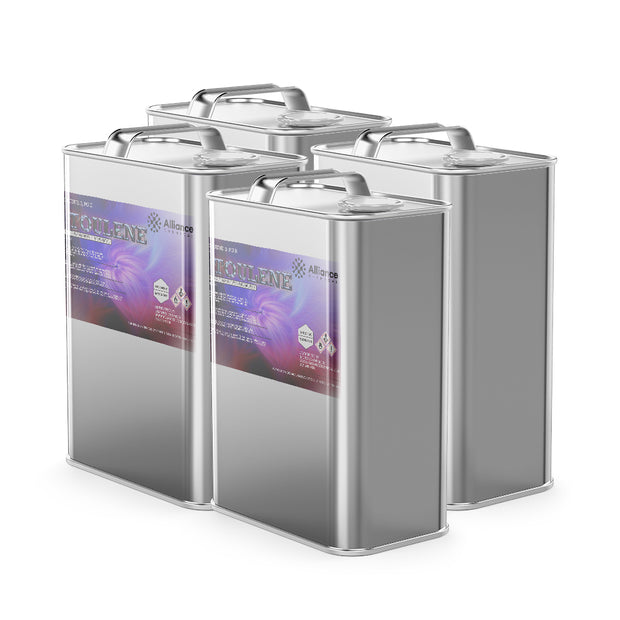 4-quart industrial toluene solvent in silver metal cans with sealed lids, hazard warning labels, and Alliance Chemical