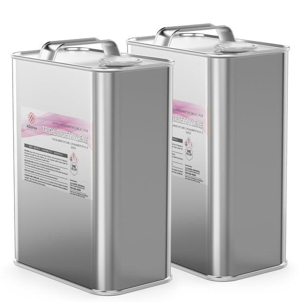 2-gallon stainless steel canisters of technical-grade Trichloroethylene (TCE) with UN, Alliance Chemical branding