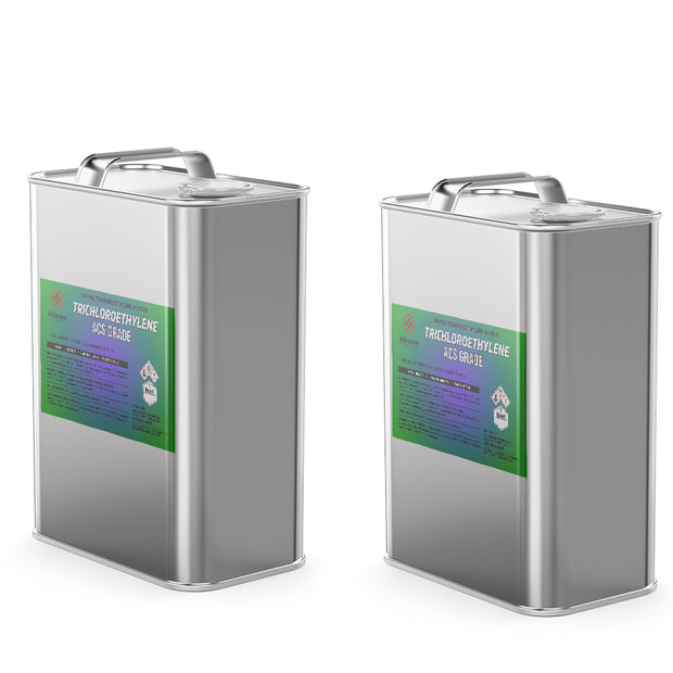 Two 1-quart steel jugs of Alliance Chemical Trichloroethylene ACS Grade with metal handles and product labels.