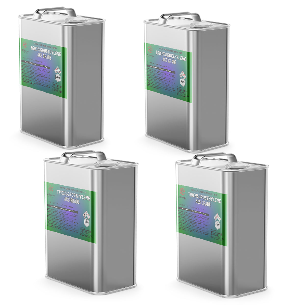 Four steel 1-gallon jugs of Alliance Chemical Trichloroethylene ACS Grade with metal handles and product labels