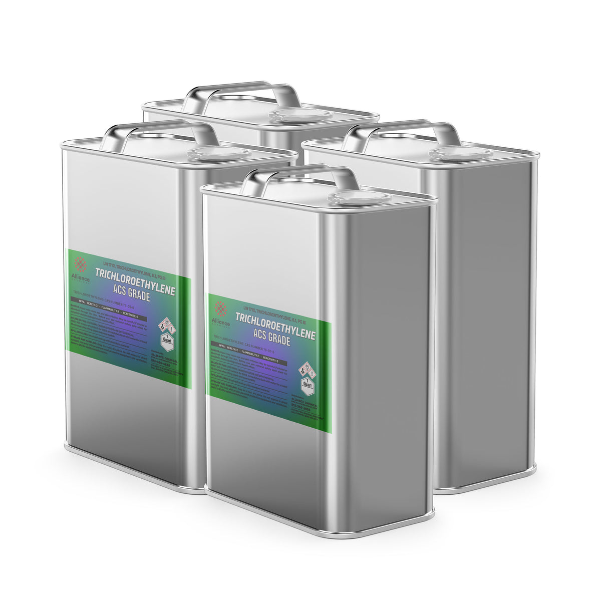 Four steel 1-quart cans of Alliance Chemical Trichloroethylene ACS Grade with labels and metal handles.