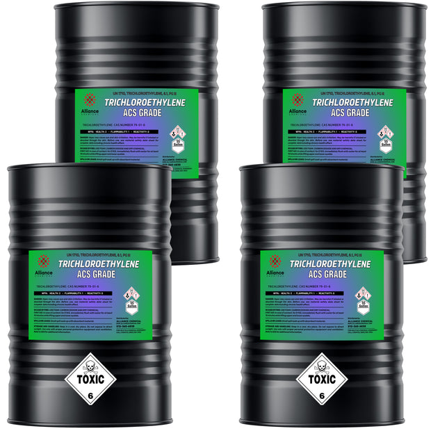 4x55 gallon drums of Alliance Chemical TCE (Trichloroethylene) ACS Grade UN1710 classification, and Class 6 toxic hazard