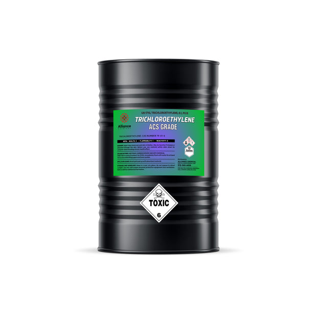 Alliance Chemical 55-gallon black drum of ACS grade trichloroethylene (TCE) Class 6 toxic hazard diamond, UN 1710 marking