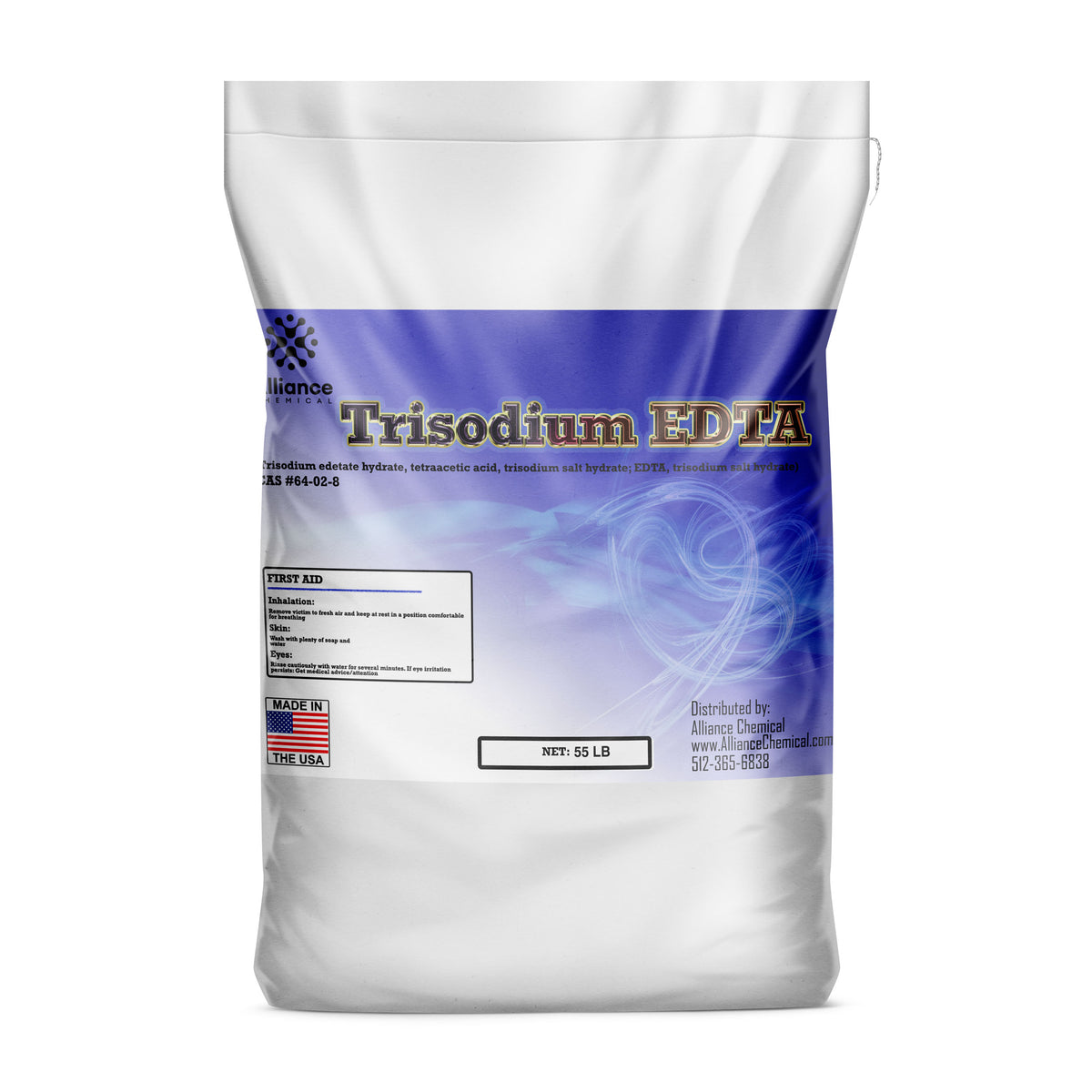55 lb bag of Alliance Chemical Trisodium EDTA with blue label, white material, and made in the USA logo.