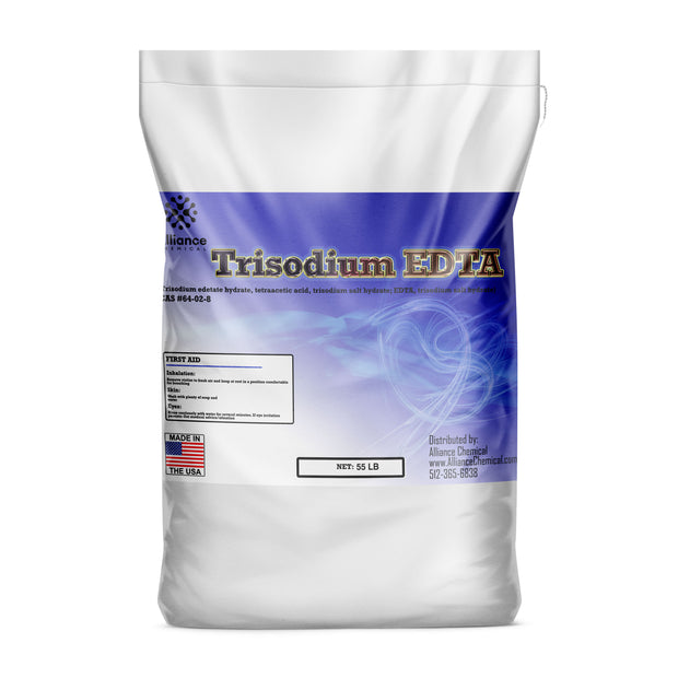 55 lb bag of Alliance Chemical Trisodium EDTA with blue label, white material, and made in the USA logo.