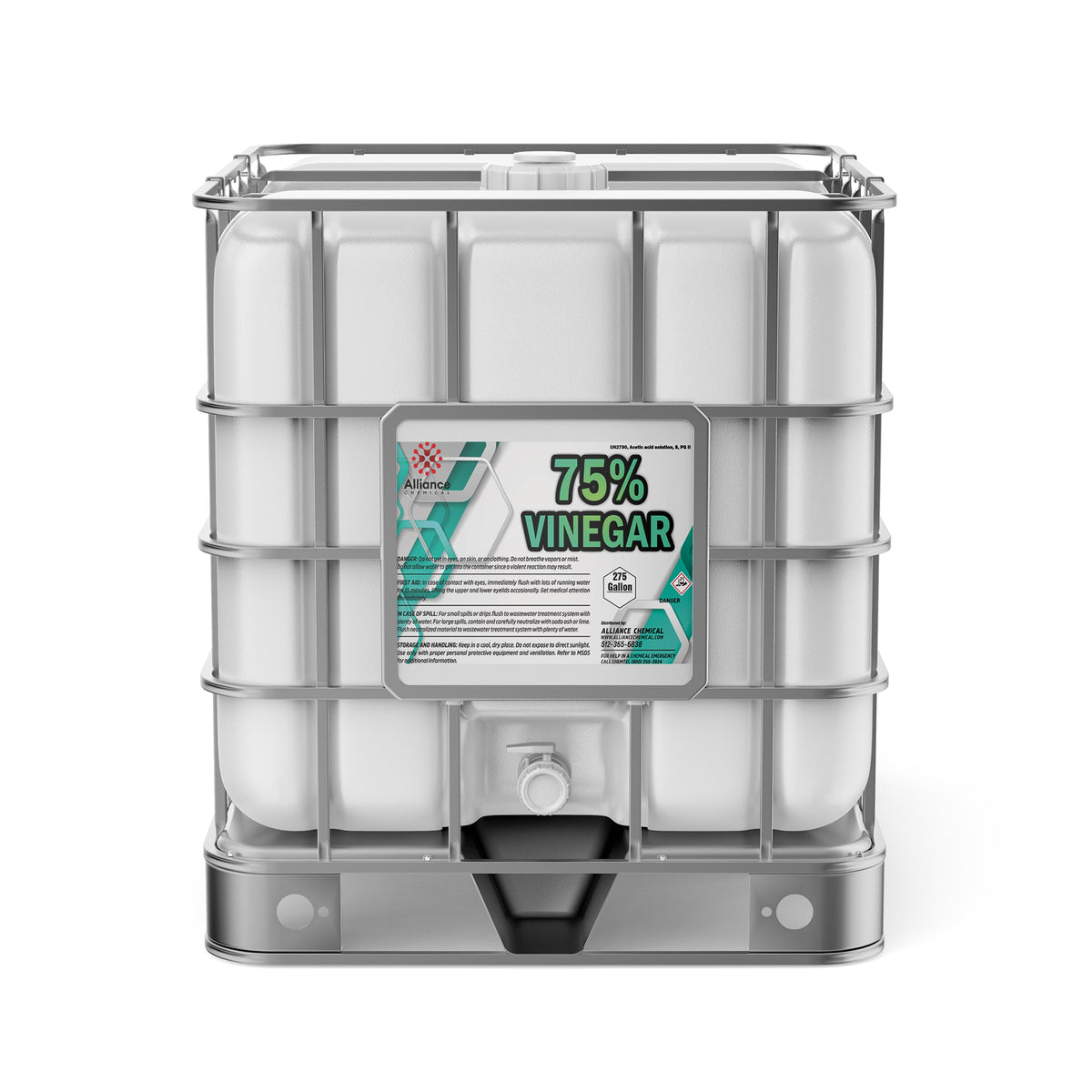 One 275-gallon plastic tote of Alliance Chemical 75% Vinegar with a steel cage, spigot, and product label.