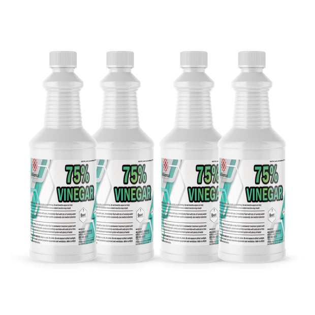 Four 1-quart plastic bottles of Alliance Chemical 75% Vinegar with white caps and product labels.