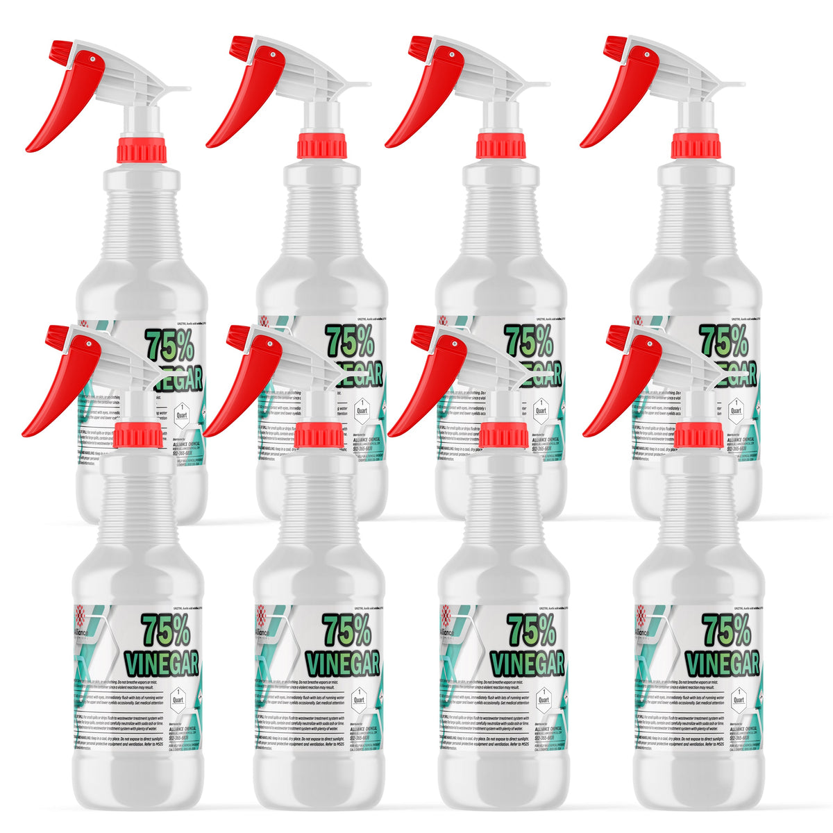 Eight 1-quart bottles of Alliance Chemical 75% Vinegar with labels and red and white trigger sprayers