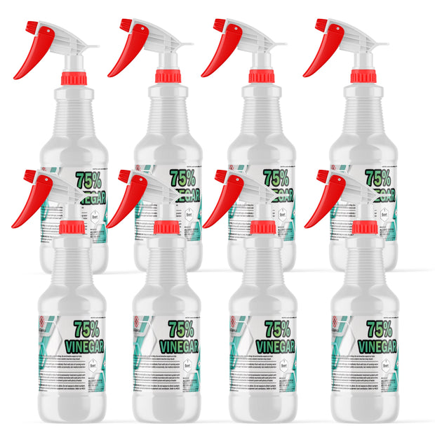 Eight 1-quart bottles of Alliance Chemical 75% Vinegar with labels and red and white trigger sprayers