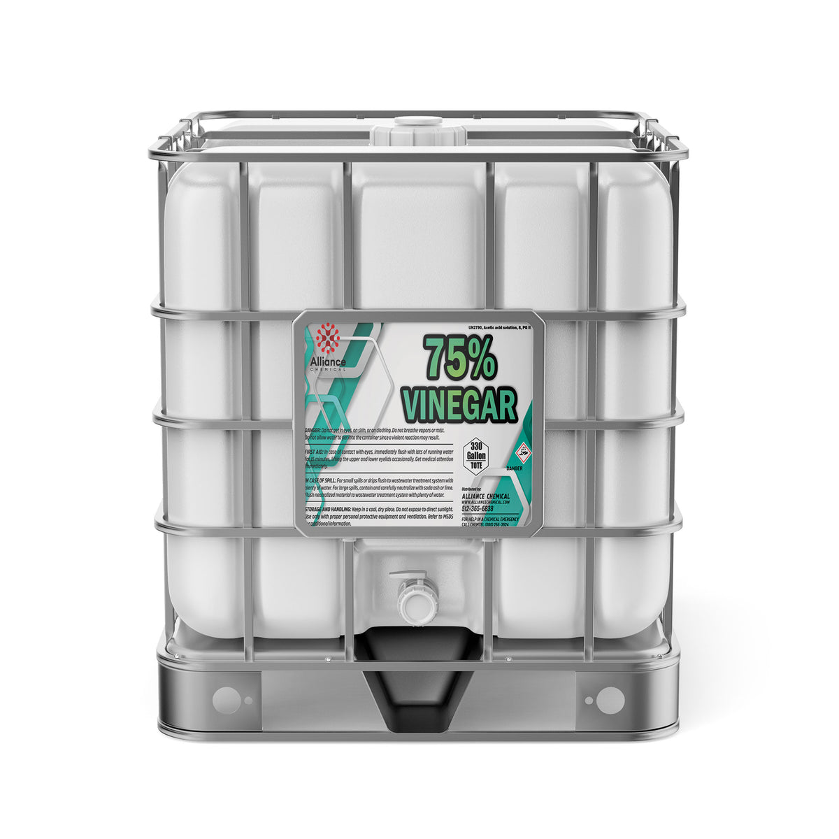 Alliance Chemical 330-gallon tote of 75% Vinegar with a white plastic container, metal cage, and safety label.