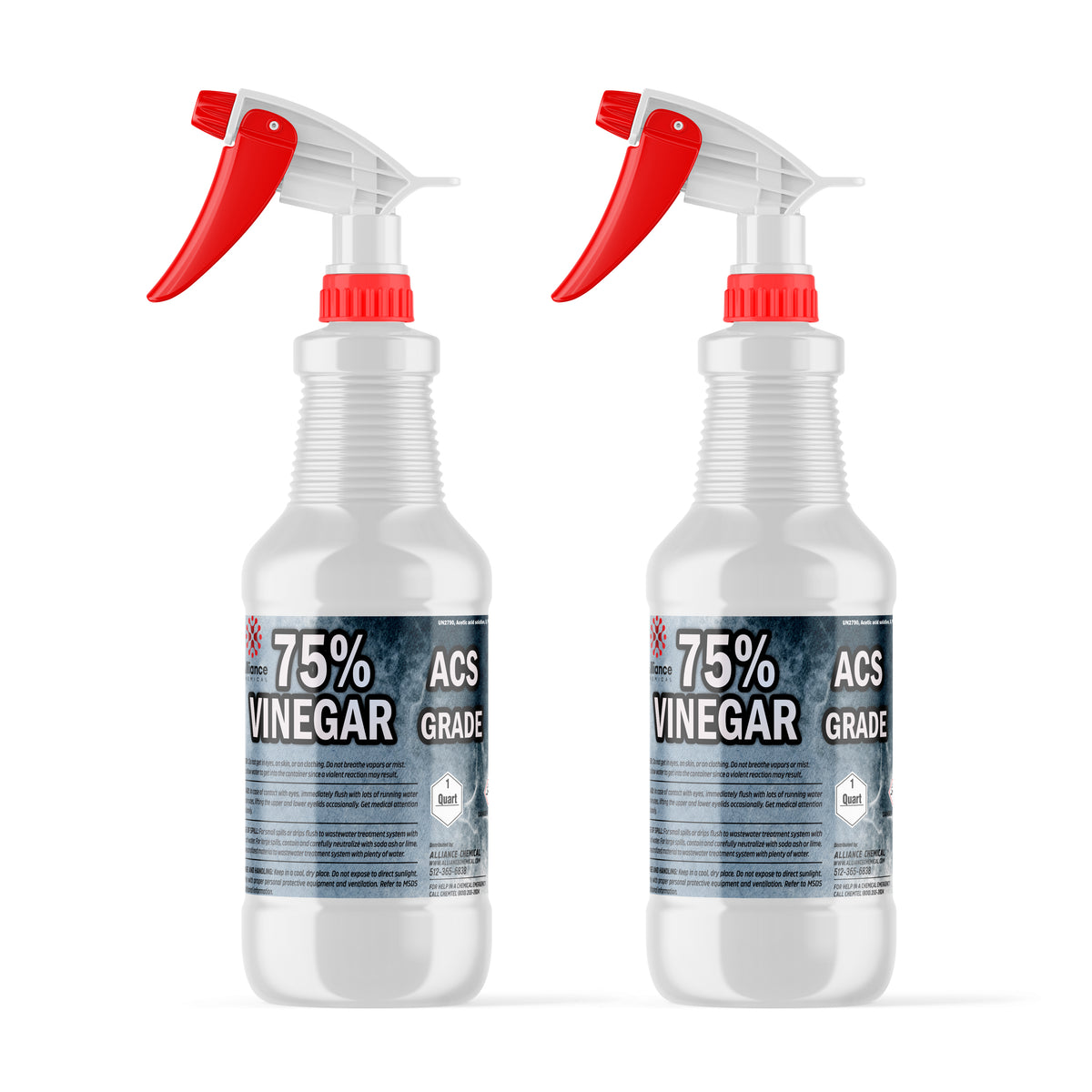 Two 1-quart bottles of Alliance Chemical 75% Vinegar ACS Grade with red spray nozzles and product labels