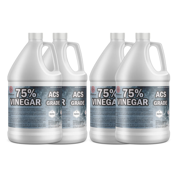 Four 1-gallon Alliance Chemical 75% Vinegar ACS Grade HDPE jugs with white caps and product labels.