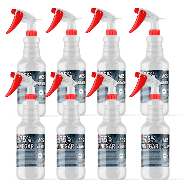 Eight 1-quart Alliance Chemical 75% Vinegar ACS Grade HDPE bottles with red and white spray nozzles and product labels