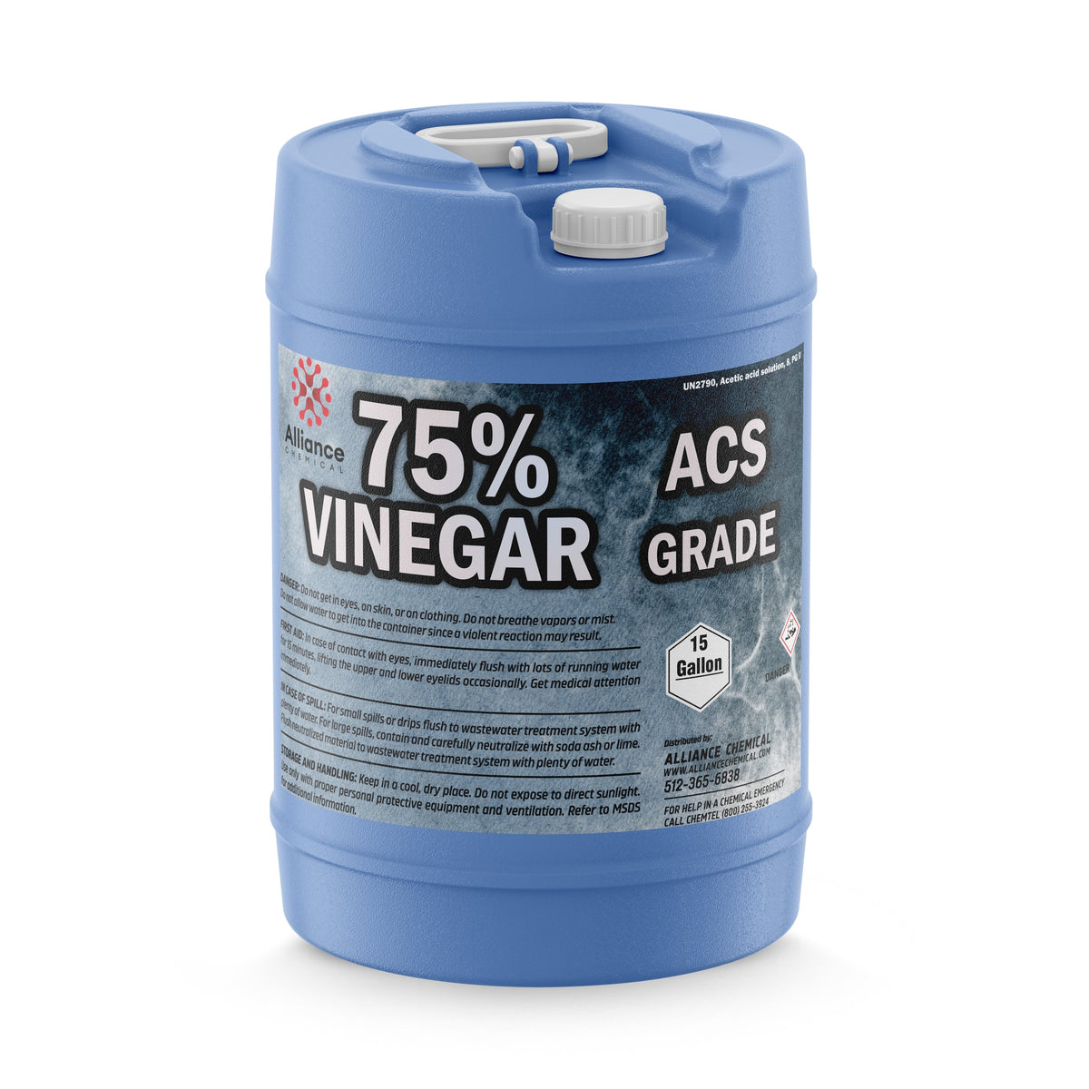 15-gallon HDPE carboy of 75% ACS-grade vinegar, distributed by Alliance Chemical, industrial-strength acetic acid solution