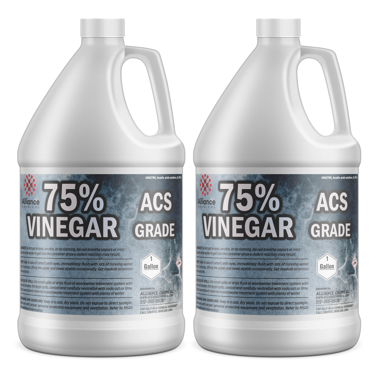 2x 1-gallon HDPE jugs of 75% ACS-grade vinegar (acetic acid solution), industrial labeling, and Alliance Chemical branding