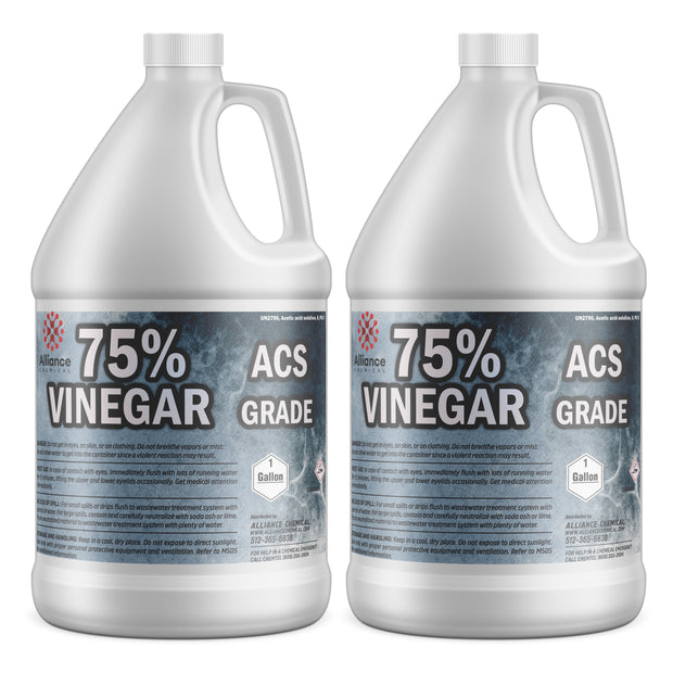 2x 1-gallon HDPE jugs of 75% ACS-grade vinegar (acetic acid solution), industrial labeling, and Alliance Chemical branding