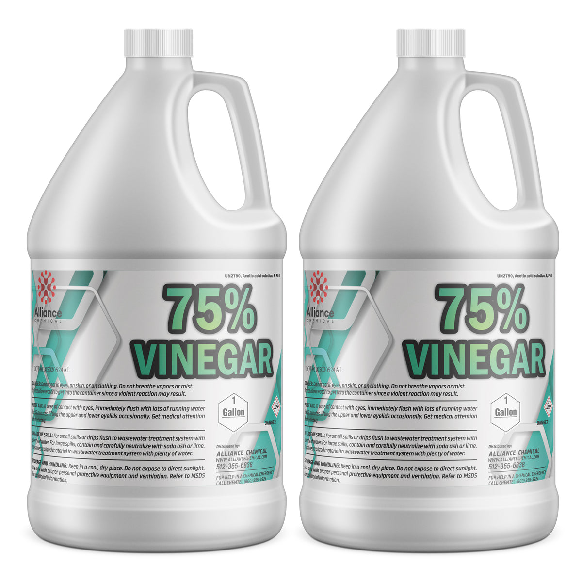 1-gallon jugs of 75% industrial vinegar solution by Alliance Chemical, HDPE containers