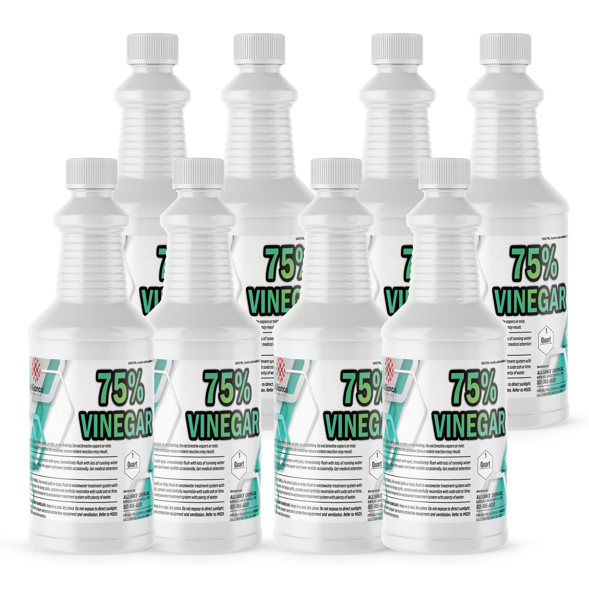 Six 1-quart plastic bottles of Alliance Chemical 75% Vinegar with white ribbed caps and product labels