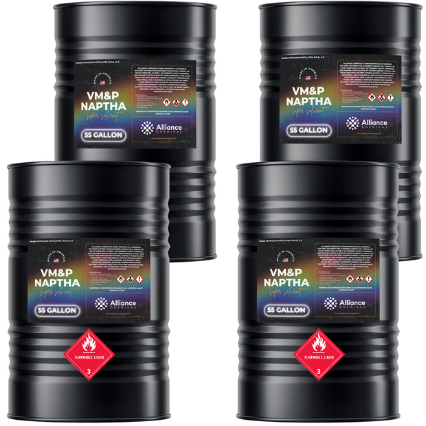 Alliance Chemical 55-gallon black steel drums of VM&P Naptha solvent, displaying flammable liquid