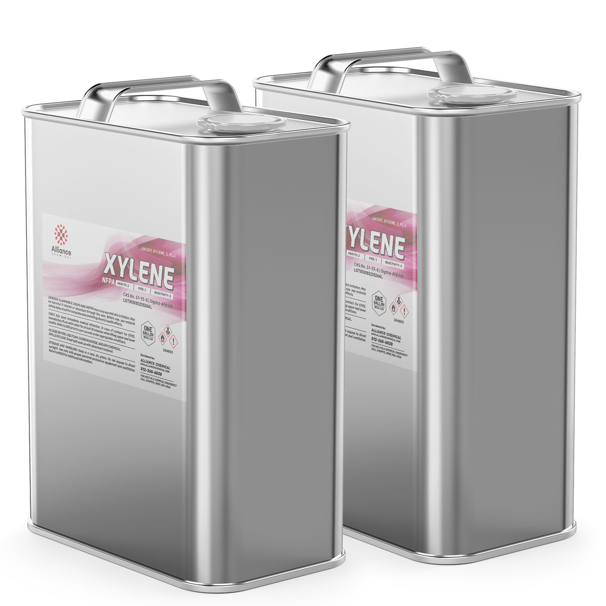 2-gallon industrial xylene solvent in silver metal canisters with safety handles, NFPA diamond warning labels, and Alliance