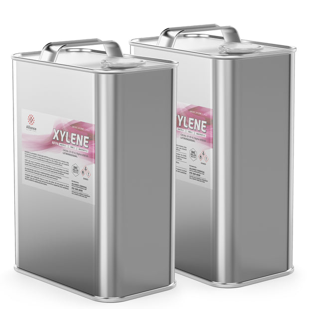 2-gallon industrial xylene solvent in silver metal canisters with safety handles, NFPA diamond warning labels, and Alliance