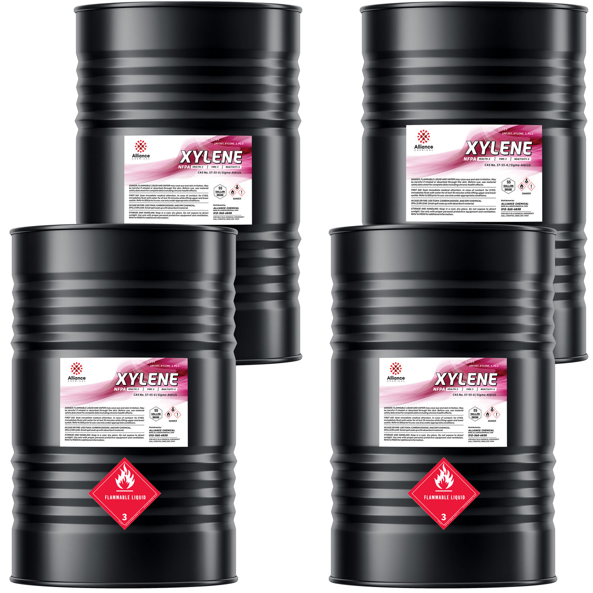 55-gallon steel drums of industrial xylene solvent, displaying Alliance Chemical labels, and black ribbed design