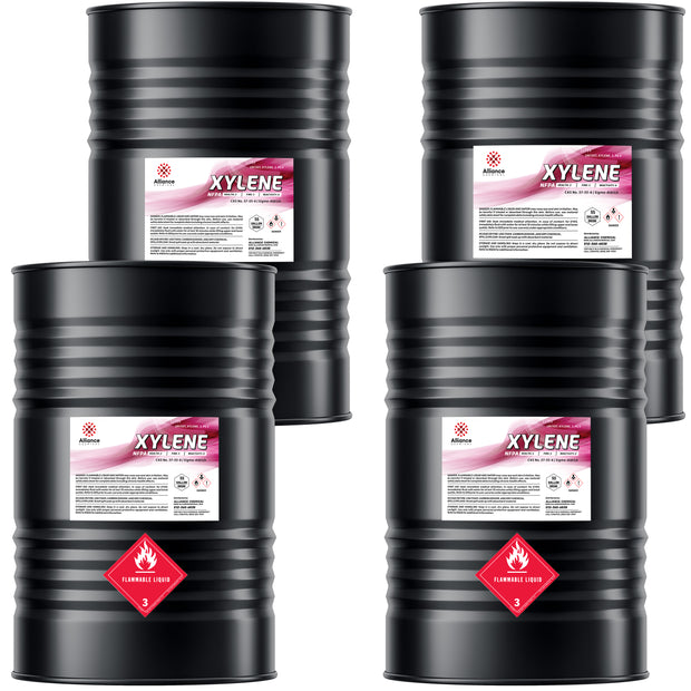 55-gallon steel drums of industrial xylene solvent, displaying Alliance Chemical labels, and black ribbed design