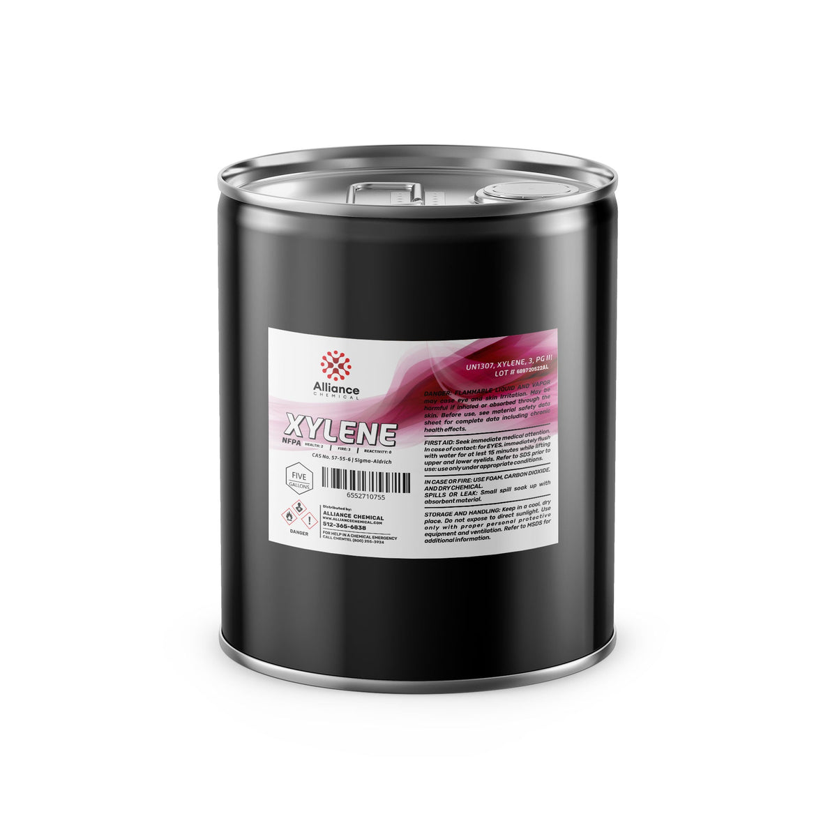 Alliance Chemical 5-gallon black steel drum of industrial xylene solvent, with NFPA diamond, flammable/health hazard symbols