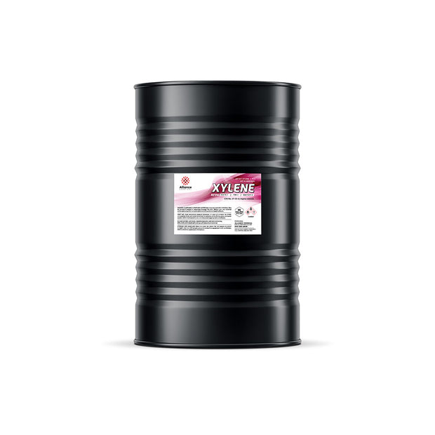 55-gallon black steel drum of industrial xylene solvent Alliance Chemical branding, and corrugated sidewall design