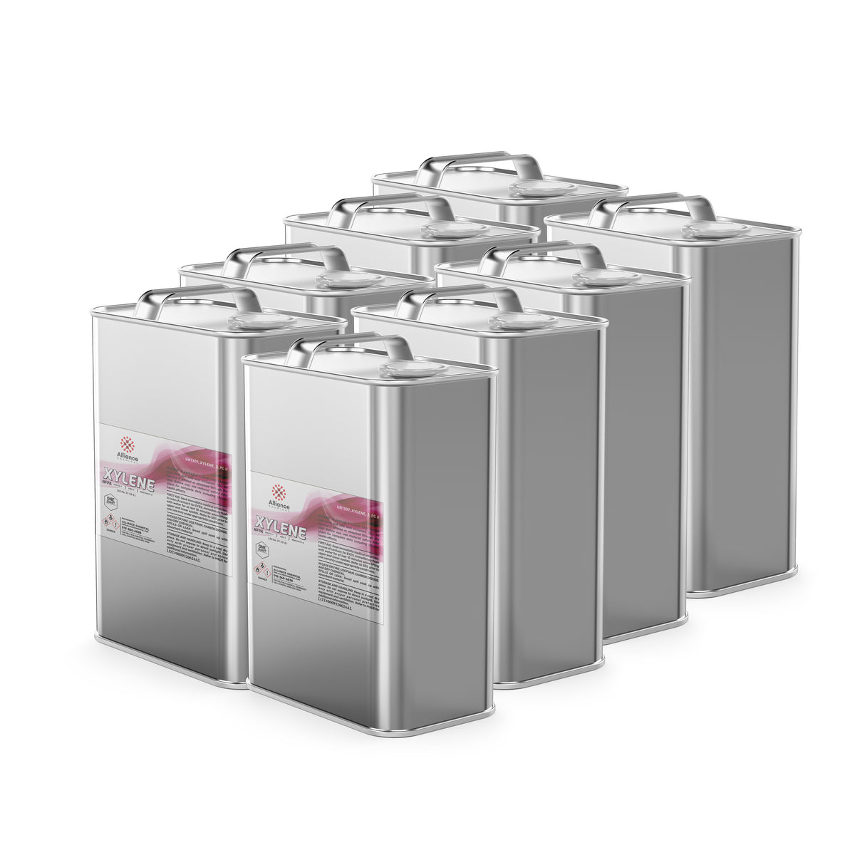 Nine steel pails of Alliance Chemical Xylene with metal handles and labels showing "One Quart" container size.