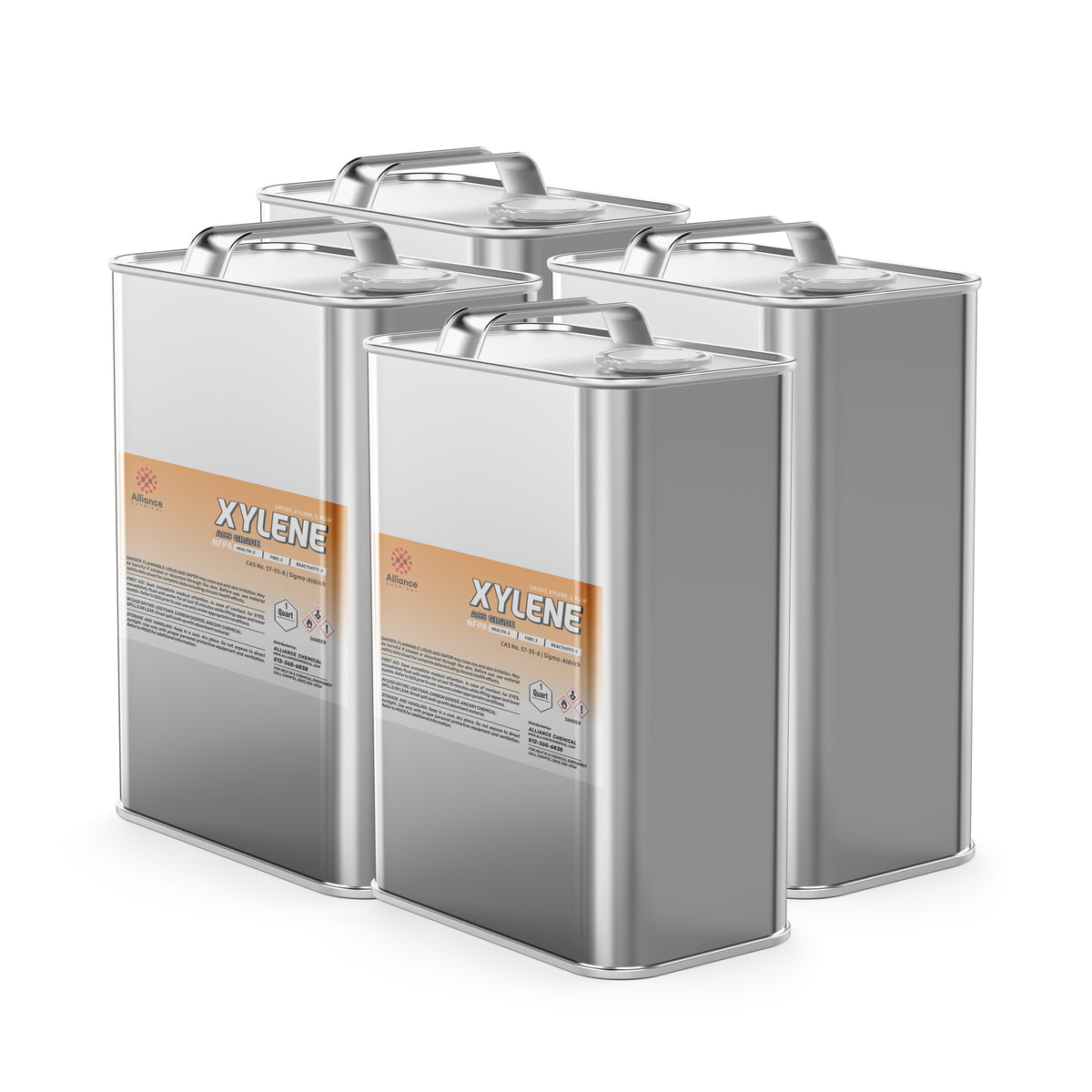Four steel pails of Alliance Chemical Xylene ACS Grade with metal handles, labels, and white caps.