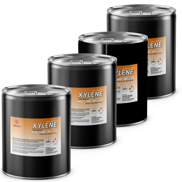 4x5-gallon black steel drums of ACS-grade Xylene solvent with NFPA diamond, GHS pictograms, and Alliance Chemical safety