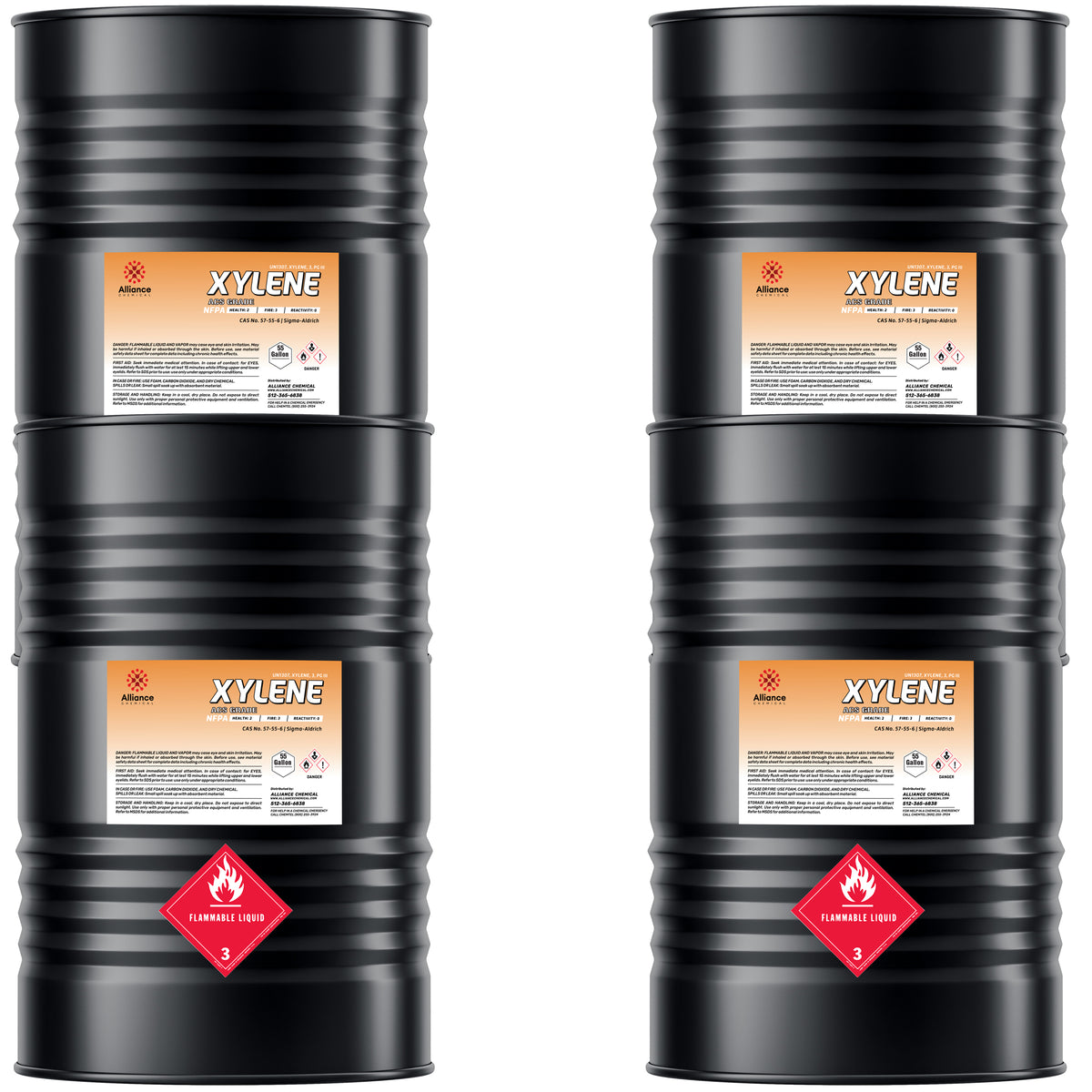 Alliance Chemical 55-gallon black steel drums of ACS-grade Xylene solvents, displaying flammable liquid