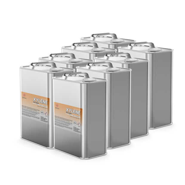 Nine steel 1-gallon cans of Alliance Chemical Xylene ACS Grade with labels and metal handles on top.