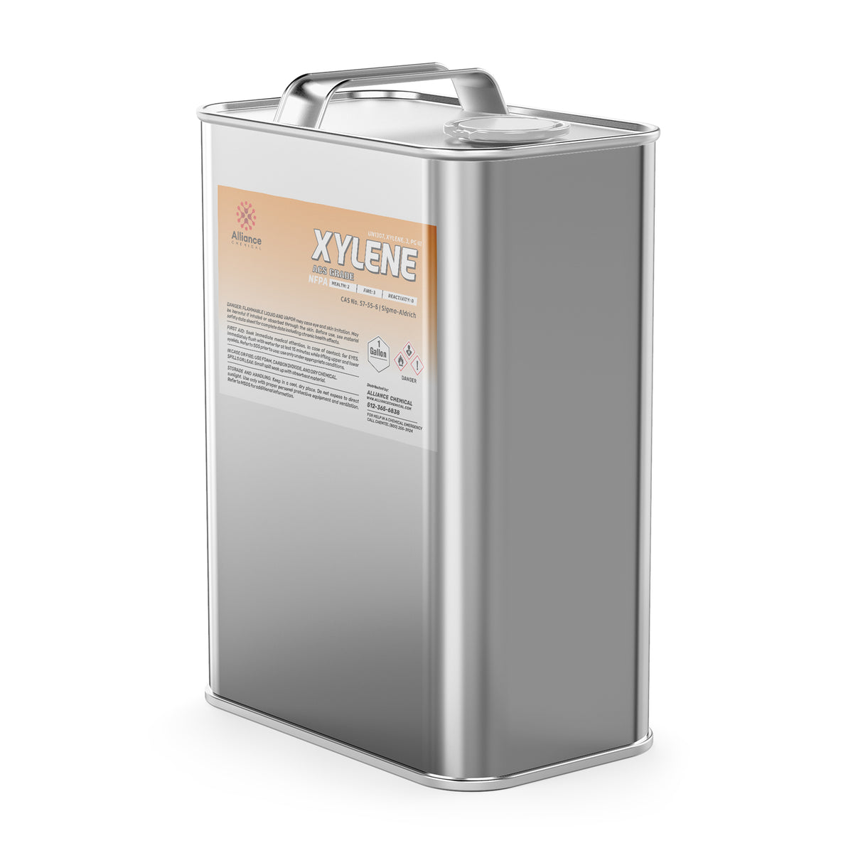 One-gallon metal canister of ACS-grade xylene solvent in silver finish Alliance Chemical branding, and secure handle-top