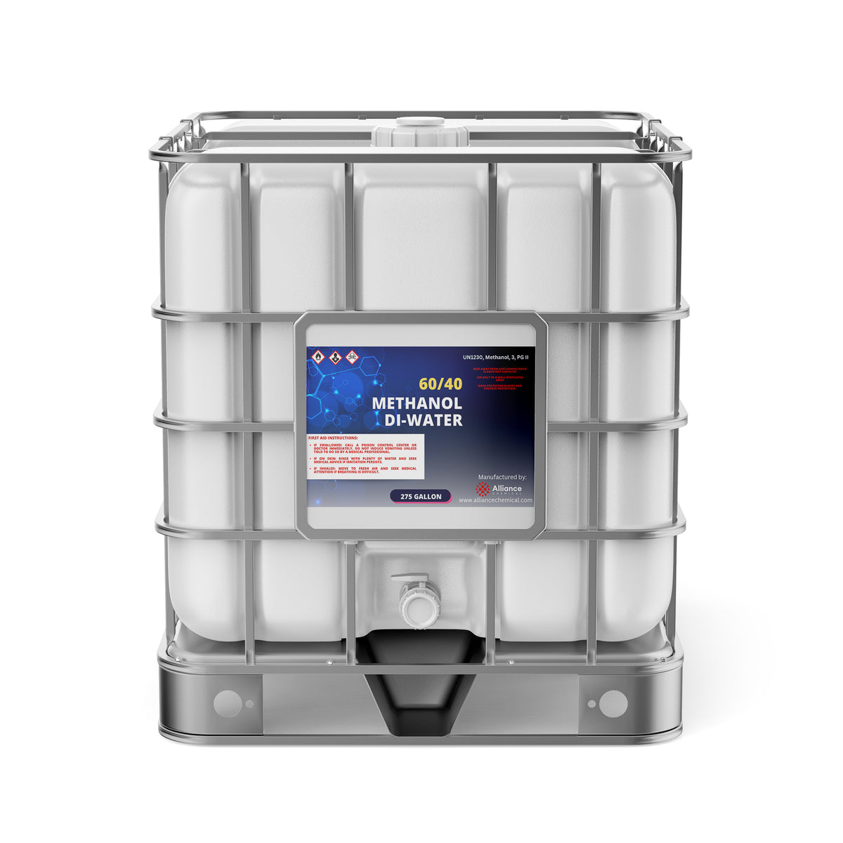 One 275-gallon plastic tote of Alliance Chemical 60/40 Methanol/ DI Water Solution with a steel cage and a spigot.
