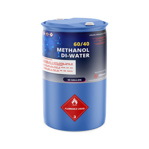 55-gallon blue drum of 60/40 Methanol Di-Water solution, UN1230 flammable liquid Class 3 hazard label, Alliance Chemical
