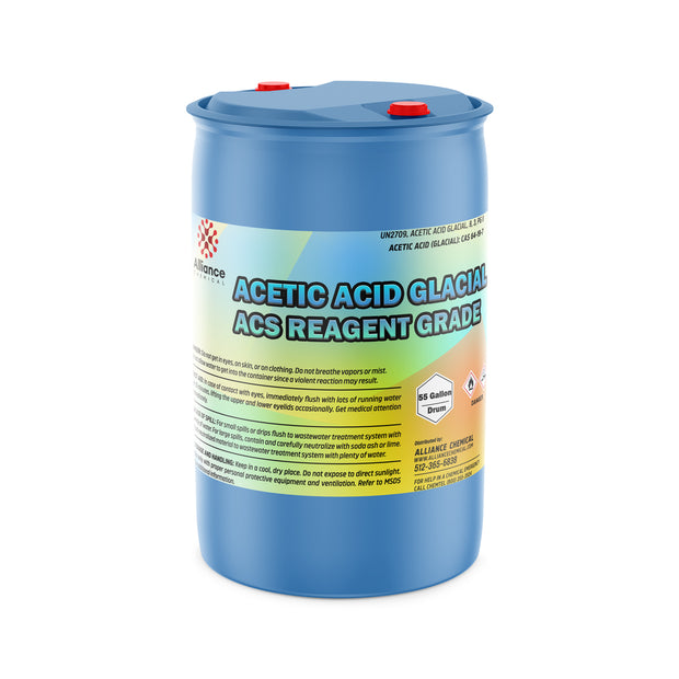 One 55-gallon plastic drum of Alliance Chemical Acetic Acid Glacial ACS Grade with a blue lid and red caps.