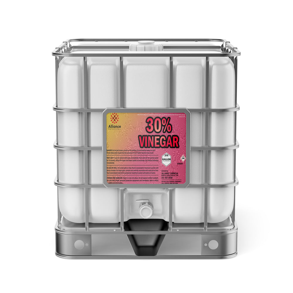 Alliance Chemical 275-gallon tote of 30% Vinegar - Concentrated Industrial Strength with a metal cage and a product label.