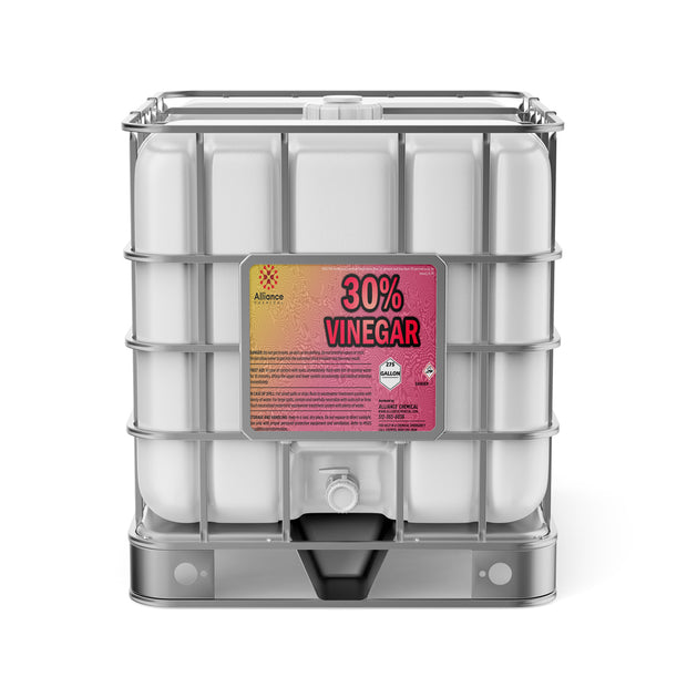 Alliance Chemical 275-gallon tote of 30% Vinegar - Concentrated Industrial Strength with a metal cage and a product label.