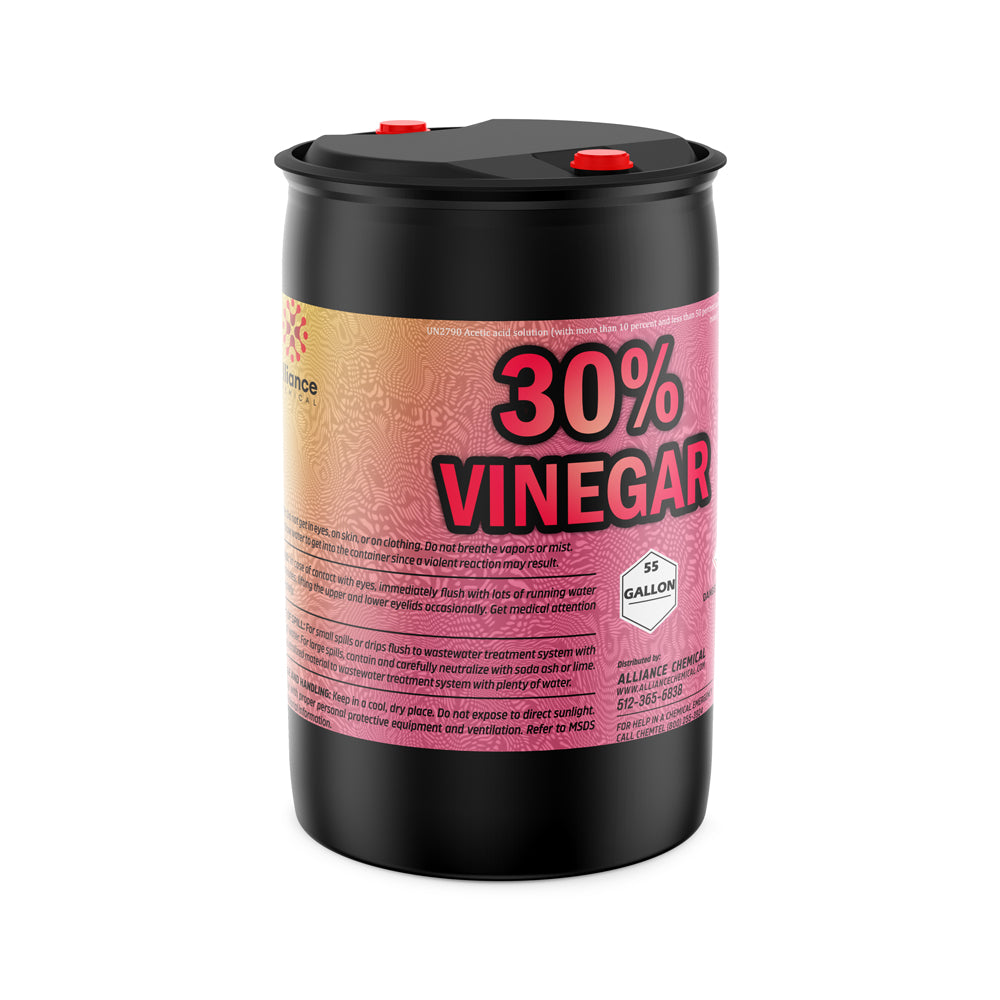 55-gallon black industrial drum of 30% concentrated vinegar solution, and gradient label from Alliance Chemical